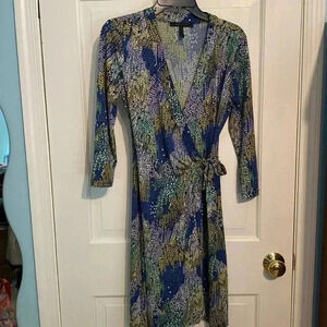 BCBG Maxazria womens wrap dress - 3/4 sleeve - blue/green/yellow - size small